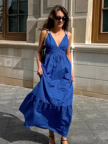 Abito Donna Sexy Blu Scollo a V Spalline Sottili Estate Casual Ampio Cotone A-Line Maxi Vestito Splicing Senza Maniche