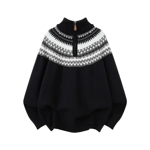 Vintage Fair Isle Jacquard Mock Neck Half Zip Sweater Patchwork Ethnic Knitted Pullover Warm Polyester Winter Long Sleeve Top