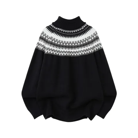 Vintage Fair Isle Jacquard Mock Neck Half Zip Sweater Patchwork Ethnic Knitted Pullover Warm Polyester Winter Long Sleeve Top