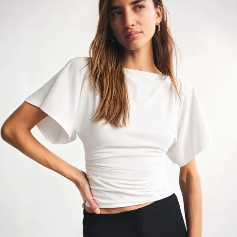 Damen Fledermausärmel Gerafftes Crop Top T-Shirt Modal Viskose Lässig Kurzarm Schlanke Passform Rundhals Sommer Oberteil