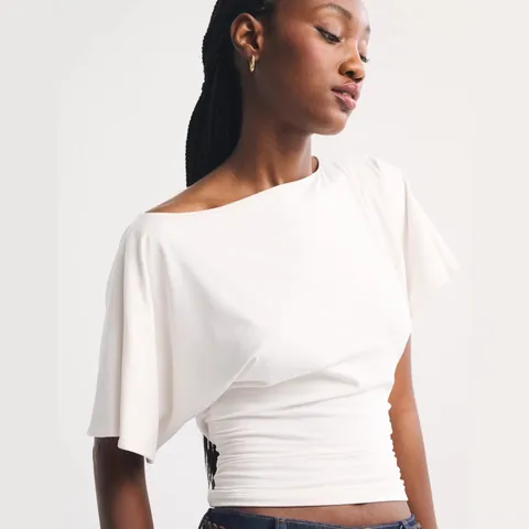 Damen Fledermausärmel Gerafftes Crop Top T-Shirt Modal Viskose Lässig Kurzarm Schlanke Passform Rundhals Sommer Oberteil