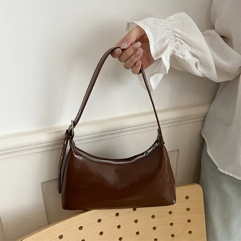 Women Minimalist PU Leather Underarm Bag Glossy Solid Color Baguette Shoulder Bag Adjustable Strap Small Tote Purse