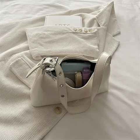 Women Minimalist PU Leather Underarm Bag Glossy Solid Color Baguette Shoulder Bag Adjustable Strap Small Tote Purse