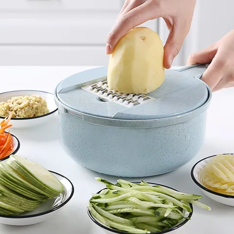 Multifunctional Kitchen Vegetable Slicer With Interchangeable Stainless Steel Blades Draining Basket Manual Grater For Home Preparation
