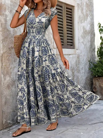 Abito Lungo Boho Scollo a V Manica Corta Elegante Stampa Paisley Vacanza al Mare Abito A-Line Fluido Per Donna Estate