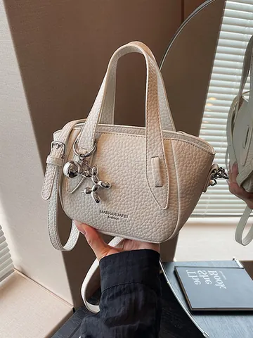 Damen Litschimuster PU Leder Handtasche Minimalistische Einzelschulter Umhängetasche Mit Ballonhund-Anhänger Stilvolle Tragetasche