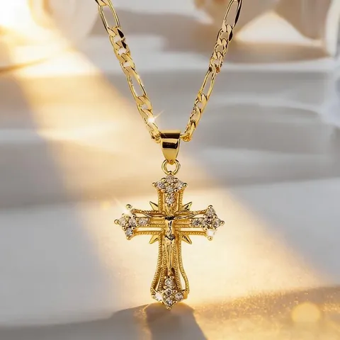 Religious Crucifix Cross Pendant Necklace For Women Men Gold Stainless Steel Figaro Chain Zirconia Inlaid Christian Jewelry Gift