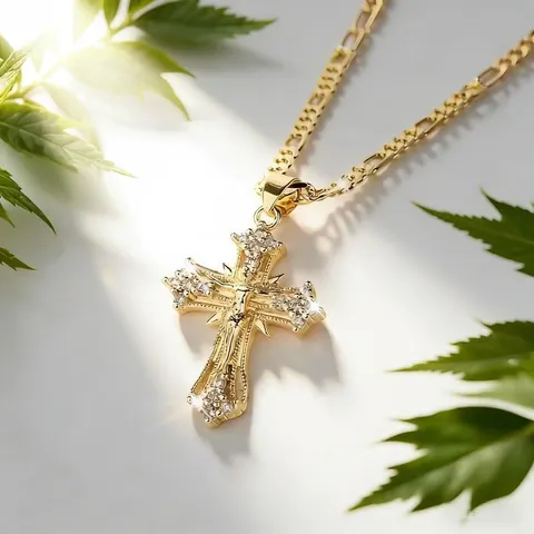 Religious Crucifix Cross Pendant Necklace For Women Men Gold Stainless Steel Figaro Chain Zirconia Inlaid Christian Jewelry Gift