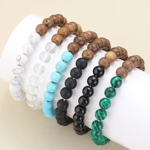 Pulsera de Piedra Natural de Cuentas de Madera Hecha a Mano para Mujeres Hombres Cuentas Multicolor Elástico Yoga Meditación Joyería