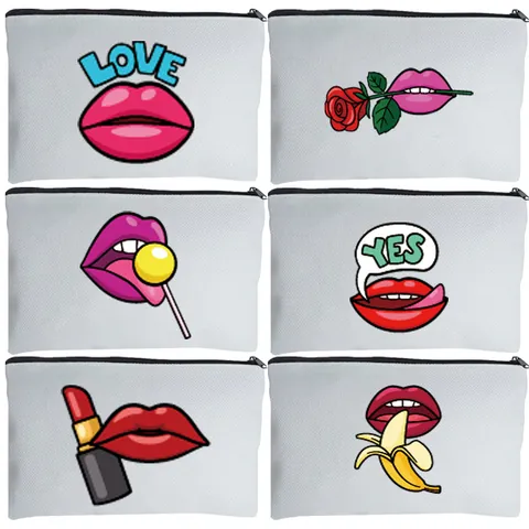 Damen Baumwolle Leinen Kosmetiktasche Westlicher Retro Sexy Lippen Druck Reißverschluss Aufbewahrungstasche Tragbare Reise Kulturbeutel Organizer