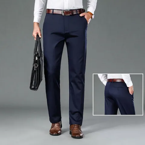 Pantaloni da Uomo in Misto Lyocell di Alta Gamma Business Casual Gamba Dritta Vita Alta Senza Stiro per Uomo di Mezza Età Primavera Estate