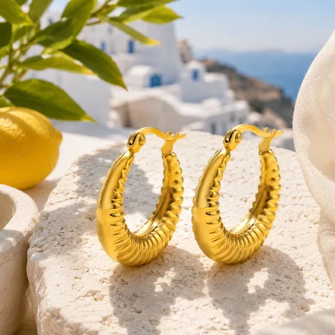 Orecchini a Cerchio a Costine in Acciaio Inossidabile Placcato Oro Vintage per Donna Minimalisti Orecchini Geometrici a U