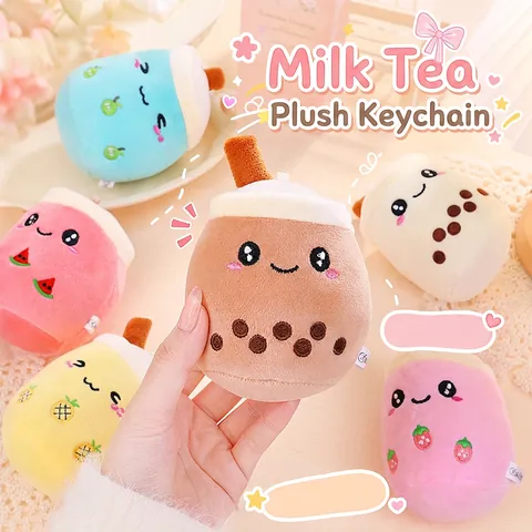 Cute Cartoon Bubble Tea Cup Plush Keychain Soft Stuffed Milk Tea Doll Bag Charm Pendant Strawberry Pineapple Fruit Embroidery