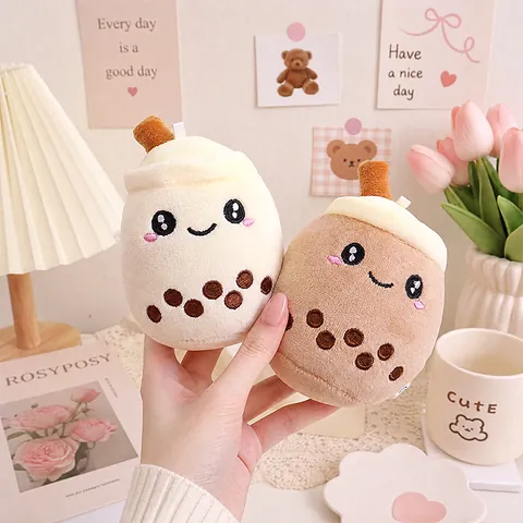 Cute Cartoon Bubble Tea Cup Plush Keychain Soft Stuffed Milk Tea Doll Bag Charm Pendant Strawberry Pineapple Fruit Embroidery