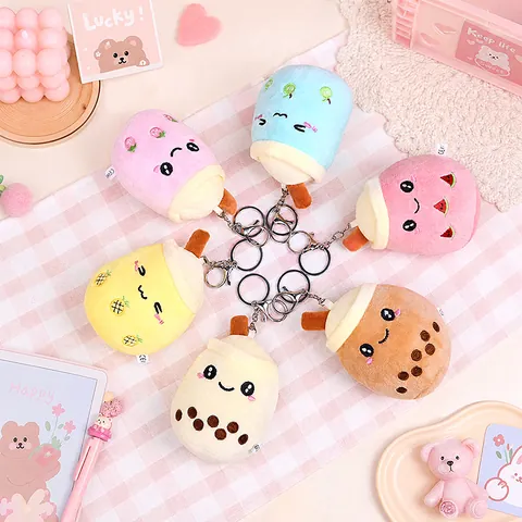 Cute Cartoon Bubble Tea Cup Plush Keychain Soft Stuffed Milk Tea Doll Bag Charm Pendant Strawberry Pineapple Fruit Embroidery