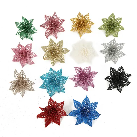 Weihnachtsbaum Deko Blumen Glitzer PE Hohl Ausgehöhlt Poinsettia Festliche Ornamente Für Kranz Girlande