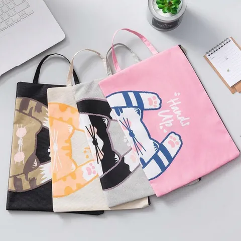Cartoon Cat Print Oxford Cloth Handheld Document Bag A4 File Storage Case Large Capacity Stationery Organizer Student Office
