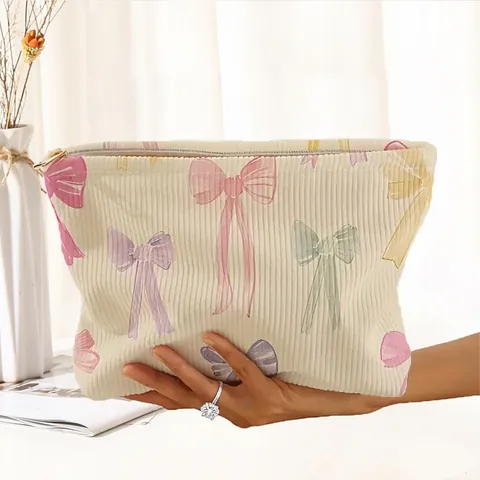 Bow Print Corduroy Makeup Bag For Women Cute Lightweight Cosmetic Storage Case With Zipper Travel Portable Organizer