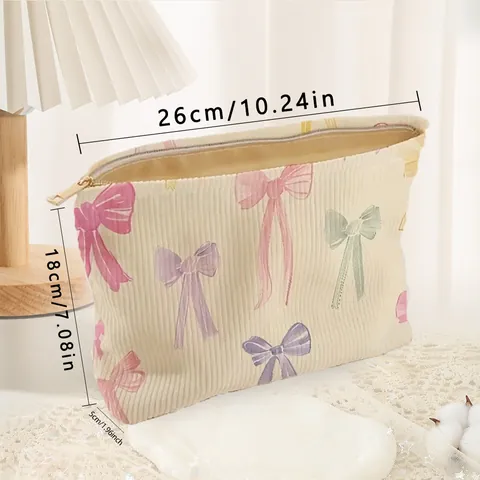 Bow Print Corduroy Makeup Bag For Women Cute Lightweight Cosmetic Storage Case With Zipper Travel Portable Organizer