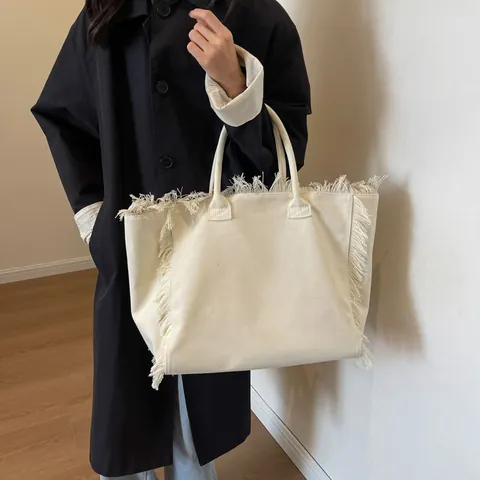 Large Capacity Canvas Tote Bag Frayed Fringe Edge Minimalist Shoulder Handbag Women Fashion Commuting School