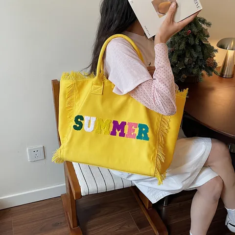 Large Capacity Canvas Tote Bag Frayed Fringe Edge Minimalist Shoulder Handbag Women Fashion Commuting School