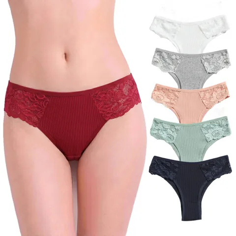 Women Ribbed Cotton Panties Low Waist Lace Trim Breathable Solid Color Underwear Soft Comfortable Briefs