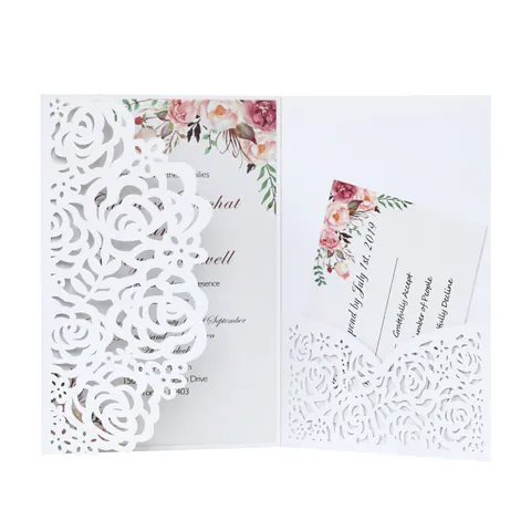 Laser Cut Rose Wedding Invitation Greeting Cards Pearlescent Paper Hollow Floral Design Engagement Party Anniversary Cards