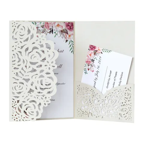 Laser Cut Rose Wedding Invitation Greeting Cards Pearlescent Paper Hollow Floral Design Engagement Party Anniversary Cards