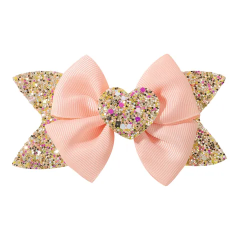 Cute Girls Grosgrain Ribbon Bow Hair Clips With Glitter Heart Star Decor Sweet Pink Cream Alligator Hairpin Accessories