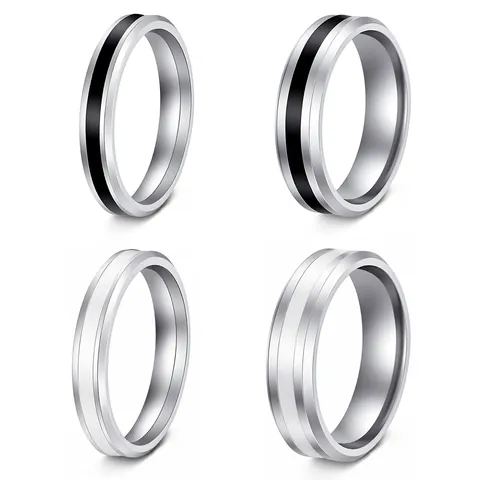 Stainless Steel Couple Ring Silver Color With Black Enamel Stripe Geometric Simple Fashion Jewelry For Men Women