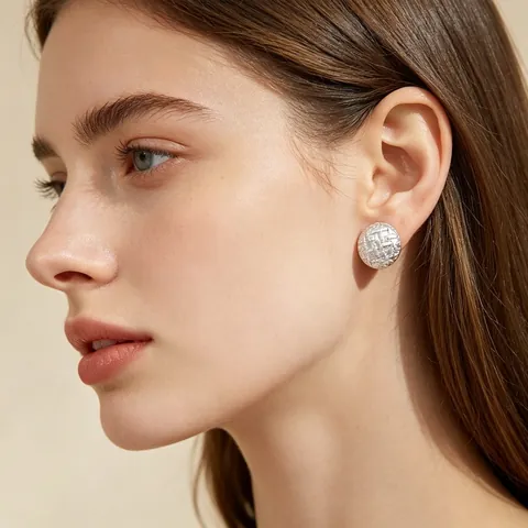 Orecchini A Lobo Geometrici Rotondi Acciaio Inossidabile Texture Martellata Griglia Stile Europeo Gioielli Moda Per Donne