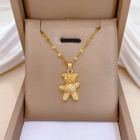 Teddybär Anhänger Halskette Titanstahlkette Kupfer Mikrogepflastert Strass Zirkon Glänzender Luxusschmuck Für Damen