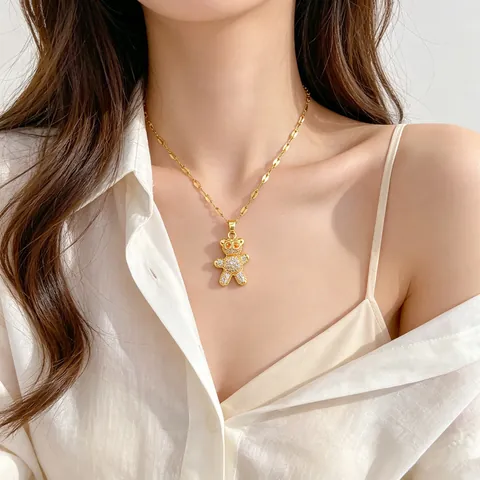 Teddy Bear Pendant Necklace Titanium Steel Chain Copper Micro Paved Rhinestone Zircon Shiny Luxury Jewelry For Women