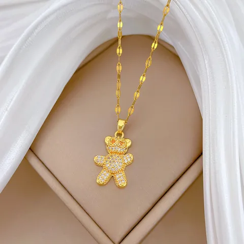 Teddy Bear Pendant Necklace Titanium Steel Chain Copper Micro Paved Rhinestone Zircon Shiny Luxury Jewelry For Women