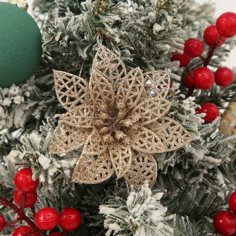 Adorno De Flor De Navidad Hueca Poinsettia Brillante PE Para Árbol Guirnalda Decoración De Fiesta