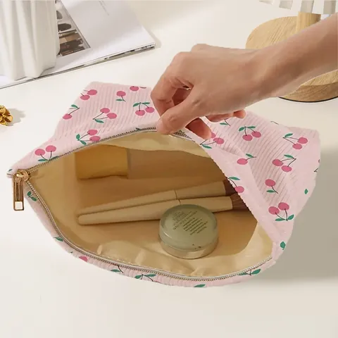 Pink Corduroy Makeup Bag With Cherry Print Portable Zipper Cosmetic Storage Pouch For Travel Women