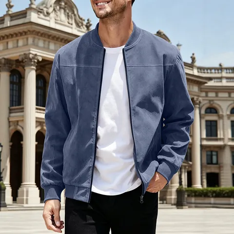 Giacca Bomber In Finta Pelle Scamosciata Da Uomo Collo Alto Cerniera Casual Vintage Tinta Unita Maniche Lunghe Cappotto