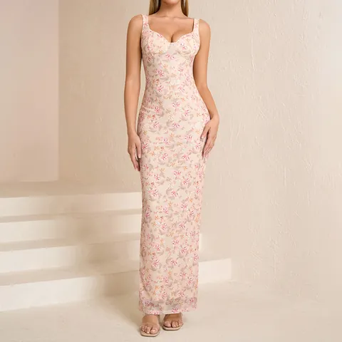 Women Sexy Toile De Jouy Print Backless Slit Maxi Dress Slim Fit Cowl Neck Cami Long Dress For Resort Party Vacation