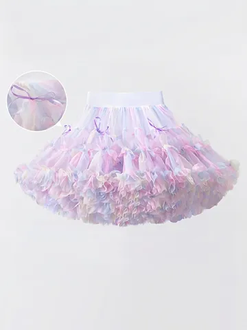 Girls Princess Tutu Skirt Fluffy Mesh Layered Cake Skirt Toddler Sweet Bow Decor Nylon Tulle Pettiskirt For Birthday Party Celebration