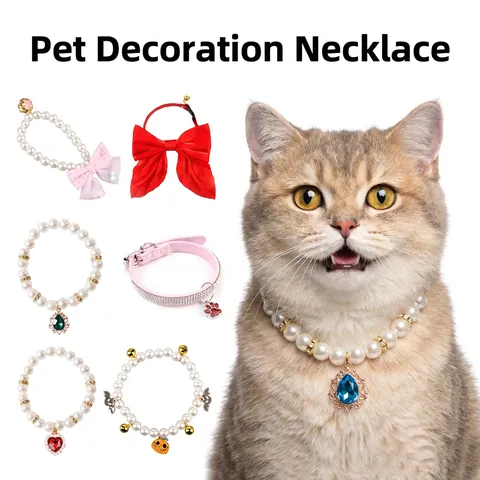 Pet Faux Artificial Pearl Necklace With Rhinestone Heart Pendant Adjustable Bowknot Collar For Cat Small Dog Party Dress Up Jewelry
