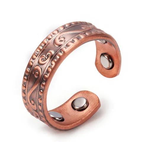 Vintage Kupfer Magnetring Offen Verstellbar Relief Design Mode Pendler Schmuck Für Damen Herren