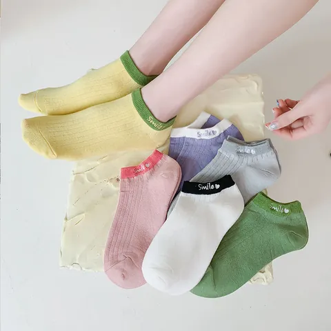 Women Cotton No Show Socks Smile Letter Embroidery Breathable Ribbed Knit Ankle Socks Casual Low Cut Invisible Style