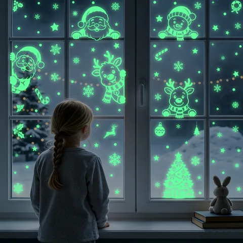 Luminous Snowflake Christmas Stickers PVC Glow In The Dark Window Clings Phosphorescent Wall Decals Holiday Home Decor