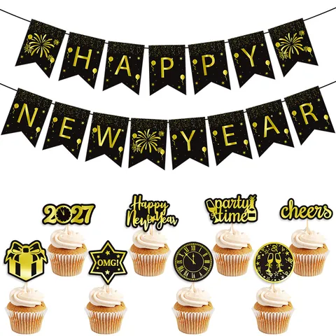 Happy New Year Banner Und Cupcake Topper Papier Goldfolie Bronze Dekoration Partyzubehör 2026 Countdown DIY Schwarz Gold