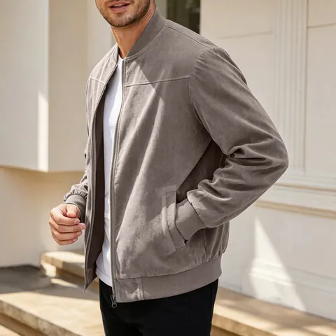 Men's Suede Like Bomber Jacket Casual Stand Collar Zip Up Windproof Urban Fashion Lightweight Outerwear Ribbed Cuffs