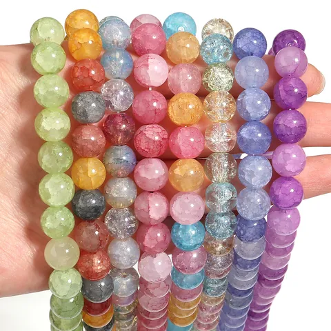 Round Glass Beads Cracked Ice Texture Multicolored Loose Beads For DIY Necklace Bracelet Jewelry Making Accessories Craft
