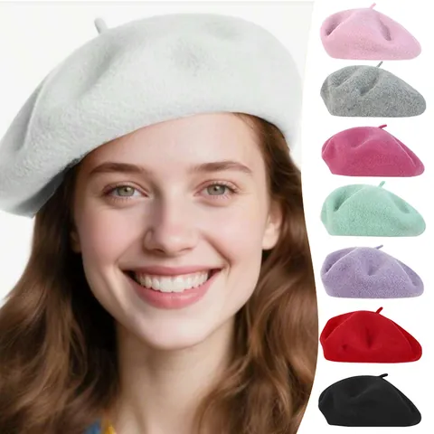 French Style Vintage Wool Beret Hat For Women Winter Warm Solid Color Artist Painter Hat Plain Flat Cap Accessory