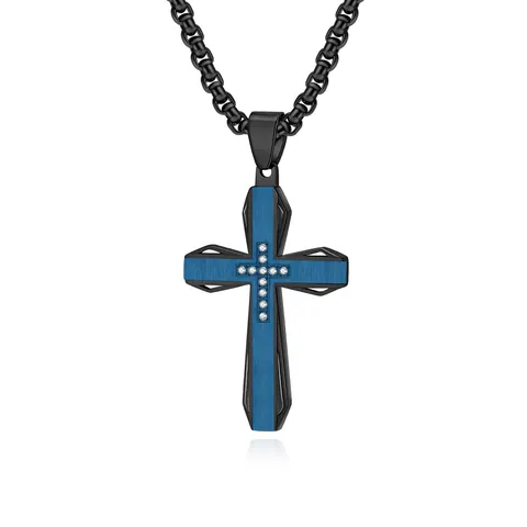 Men Cross Pendant Necklace Stainless Steel Contrast Color Brushed With Zircon Center Religious Fashion Jewelry For Father Gift