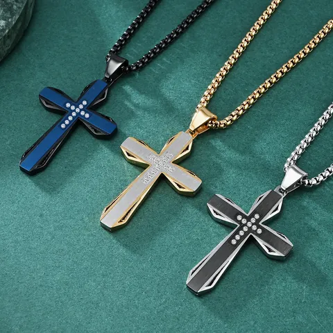 Men Cross Pendant Necklace Stainless Steel Contrast Color Brushed With Zircon Center Religious Fashion Jewelry For Father Gift