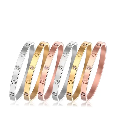 Kleeblatt Herz Armreif Edelstahl Zirkonia Eingelegt Verschluss Mode Schmuck Damen